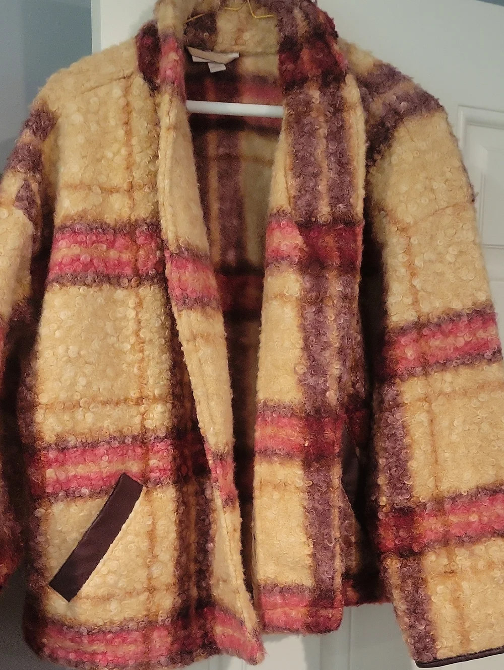 Womens Cream Plaid Bouclé Jacket with Pink & Brown Accents